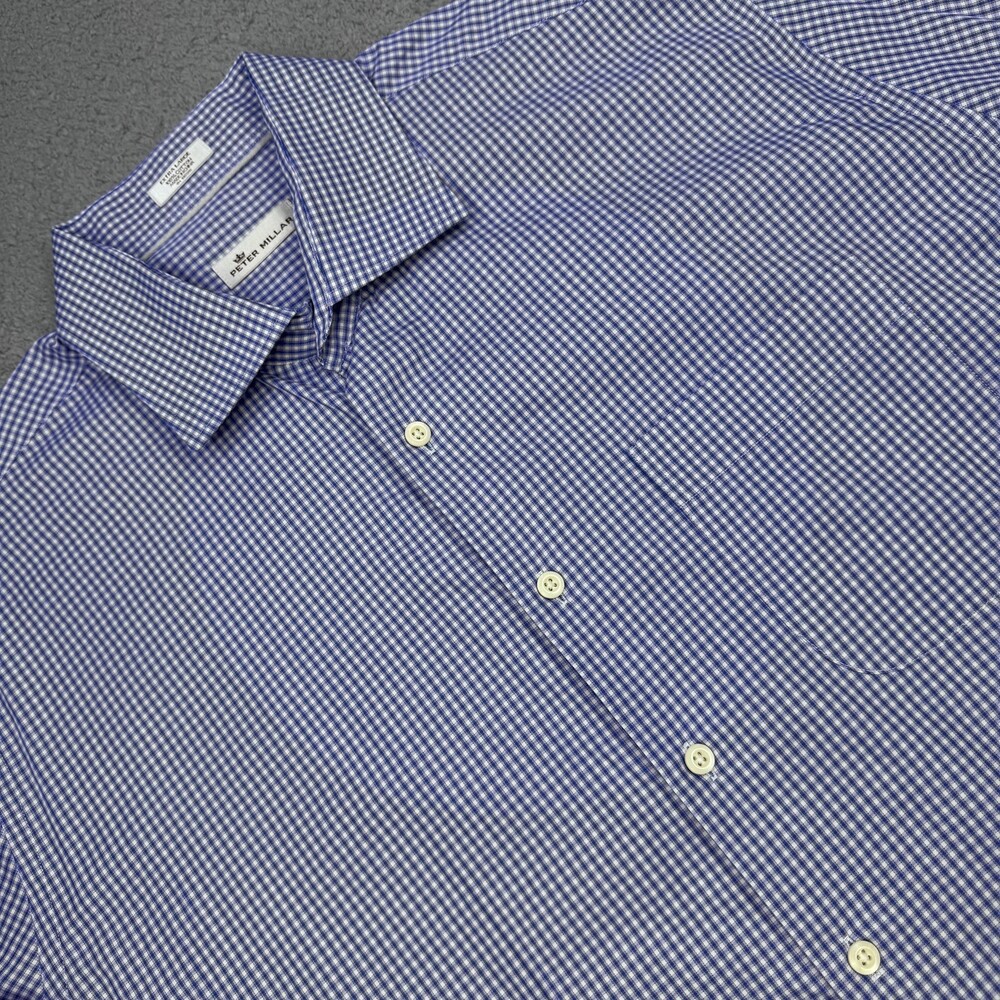 Peter Millar Shirt Mens XL Blue White Gingham Check Long Sleeve Dress Cotton